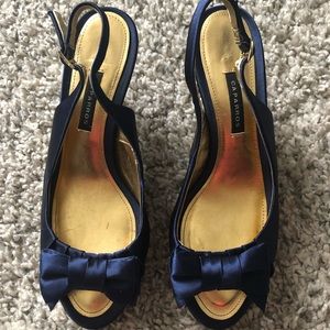 Blue satin peep toe heels